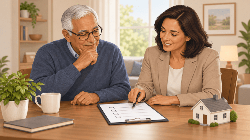Older homeowner and counselor reviewing a checklist beside a model house.