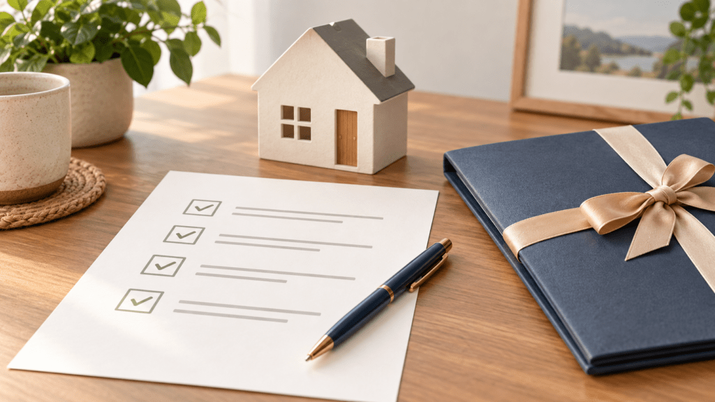 House model beside a document checklist and a ribbon-wrapped folder.