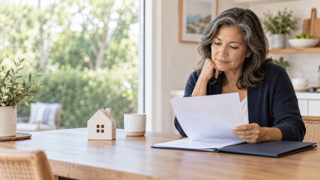 California homeowner reviewing a home equity agreement eligibility checklist at a kitchen table