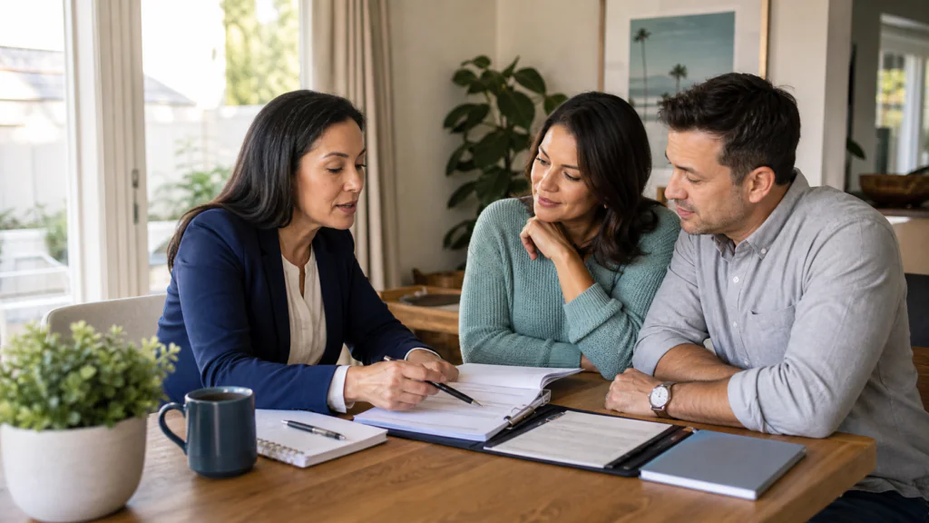 Homebuyers reviewing mortgage documents with a housing adviser