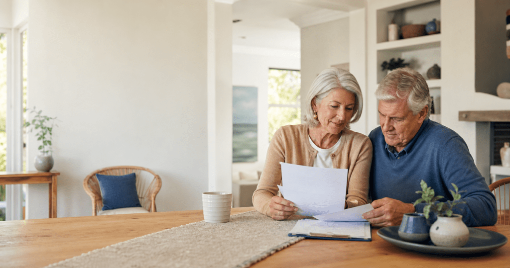 Older couple reviewing reverse mortgage documents together at home