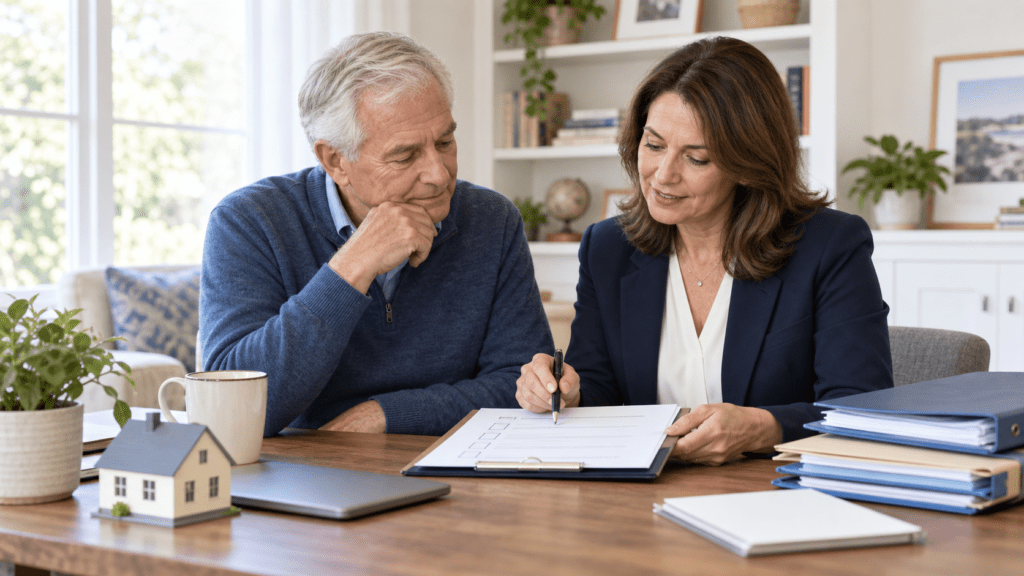 Older homeowner and counselor reviewing a cost checklist beside a model house.
