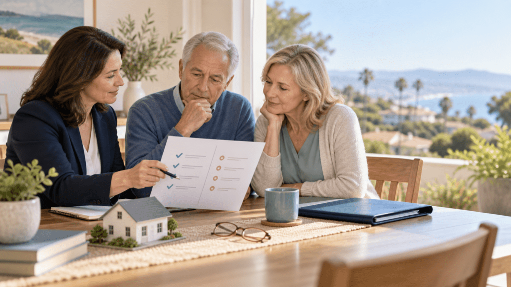 Older homeowners reviewing a reverse mortgage pros-and-cons checklist with a housing counselor.